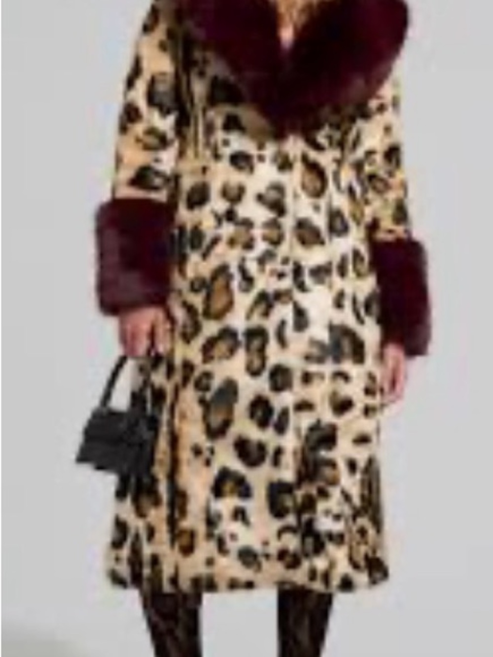 AKIRA Leopard Print Faux Fur Trim Long Coat in Tan and Burgundy